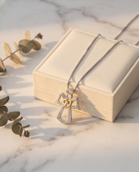 Preview: Schutzengel Anhänger aus 925 Silber mit goldenen Flügeln und Kette