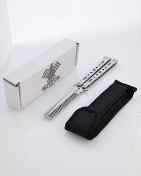 FLYBY Butterfly-Kamm Silber – CNC-gefräster Balisong-Trainer aus 440er Edelstahl inkl. Komplett-Set