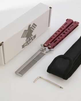 FLYBY Butterfly-Kamm Rot – CNC-gefräster Balisong-Trainer aus 440er Edelstahl inkl. Komplett-Set