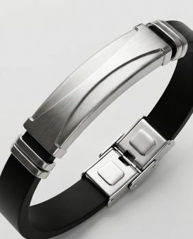 Preview: Herren Kunstleder-Armband Schwarz mit Edelstahl-Inlay