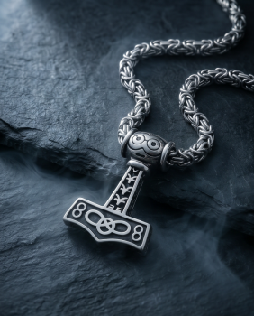 Edelstahl Königskette mit Thors Hammer Mjölnir Anhänger