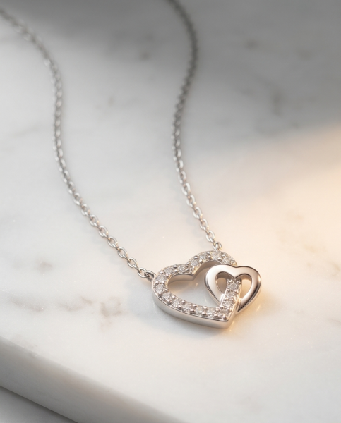 Collier Funkelndes Doppelherz 925 Silber