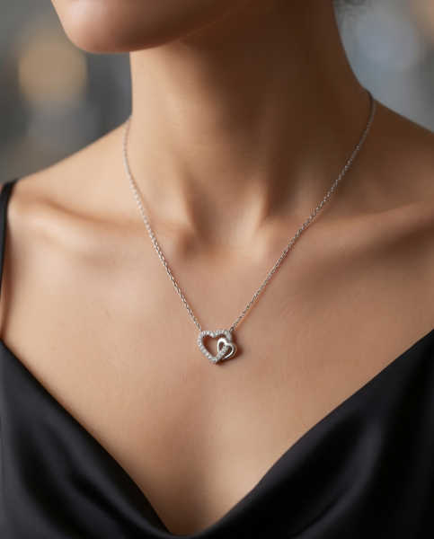 Collier Funkelndes Doppelherz 925 Silber