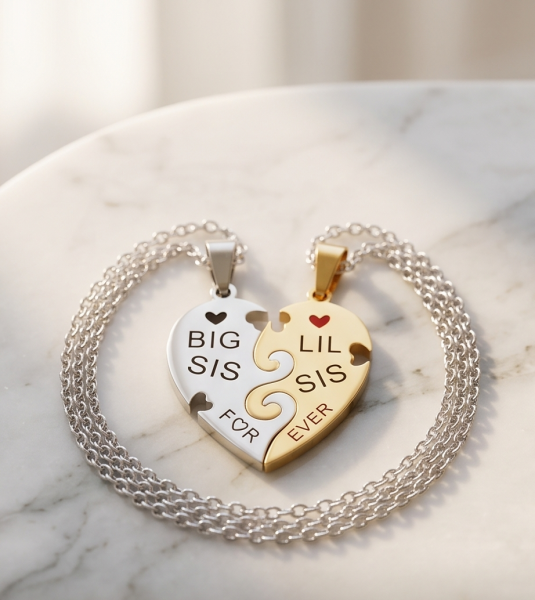 Freundschaftskette Schwester Herz Edelstahl Gold Silber Set
