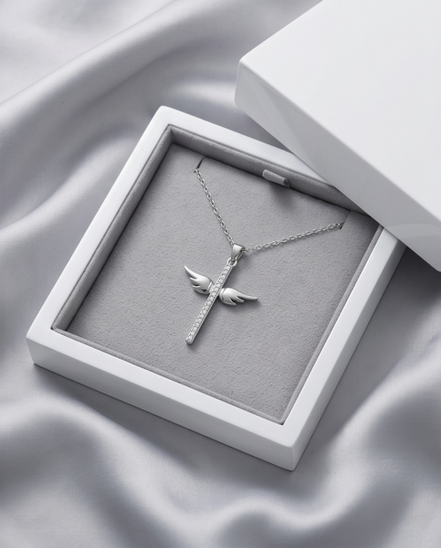 Kreuz Anhänger mit Engelsflügel 925 Silber | Kette & Etui