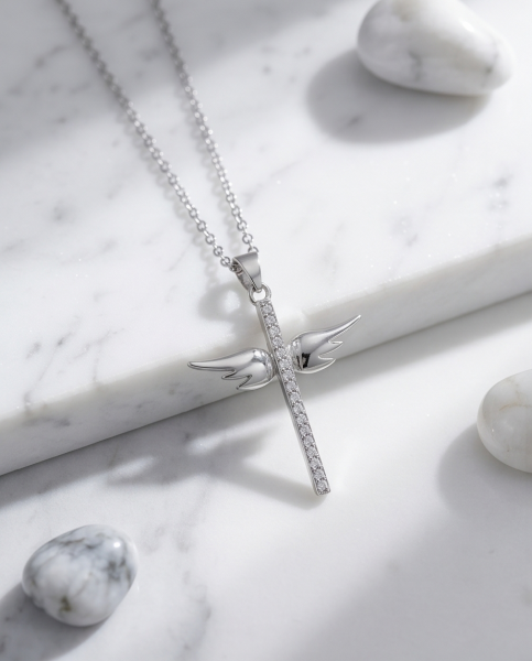 Kreuz Anhänger mit Engelsflügel 925 Silber | Kette & Etui