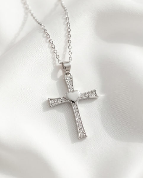 Kreuz mit Herz Anhänger 925 Silber | Kette & Etui | Outletshop24