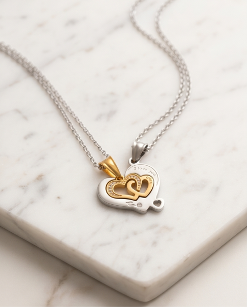 Partnerkette 3 Herzen Gold-Silber | Edelstahl & Zirkonia