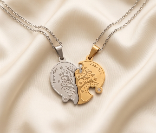 Partnerkette Herz & Lebensbaum Gold-Silber | Edelstahl