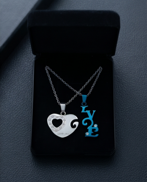 Partnerkette Herz & Love-Schriftzug Blau | Edelstahl