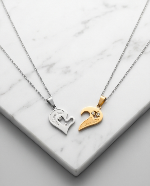 Partnerketten Herz Silber & Gold | Bicolor Edelstahl Set