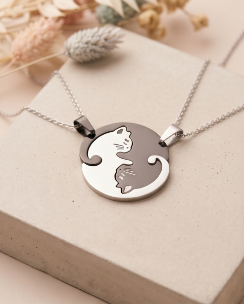 Katzen Partnerkette Yin & Yang Stil | Schwarz-Silber