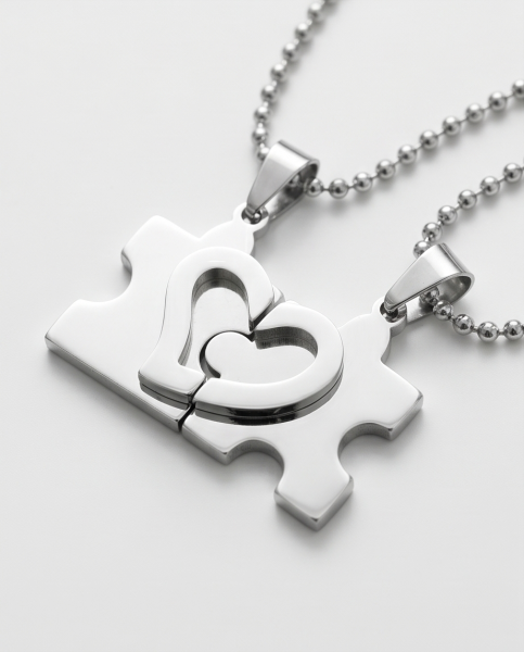 Partnerkette Puzzle Herz Edelstahl Silber Set | outletshop24.at
