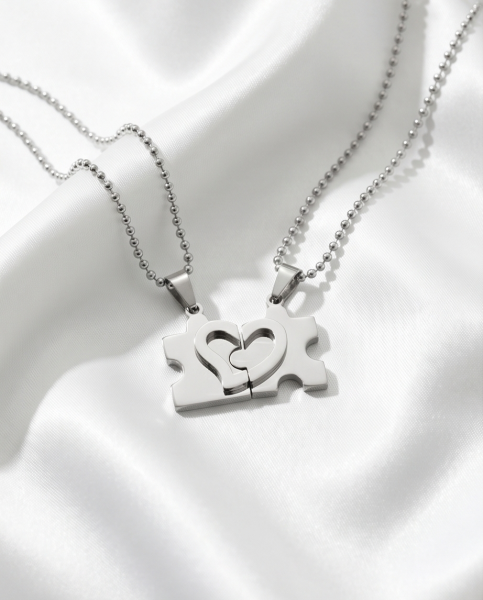 Partnerkette Puzzle Herz Edelstahl Silber Set | outletshop24.at