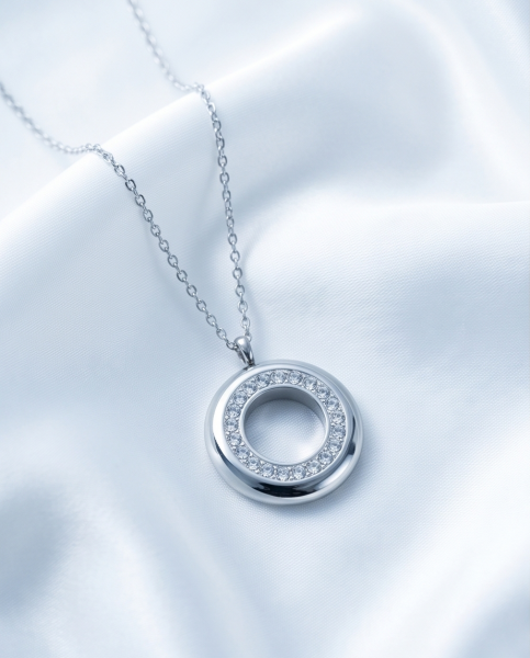 Edelstahl Halskette Ring Zirkonia Silber