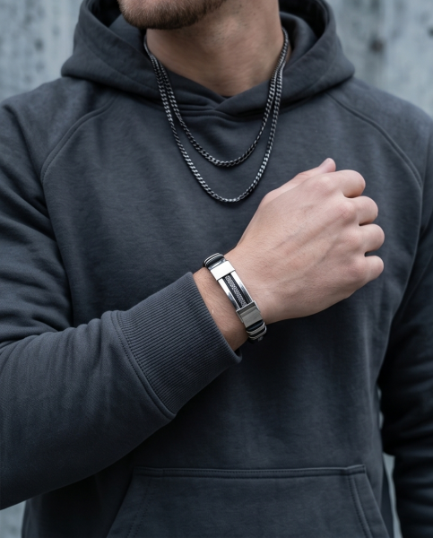 Herren Armband Schwarz & Edelstahl Mesh