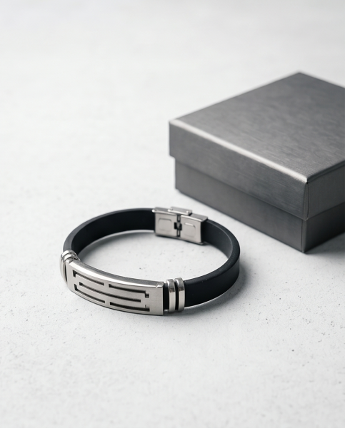 Herren Kunstleder-Armband Schwarz & Edelstahl