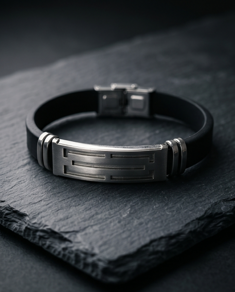 Herren Kunstleder-Armband Schwarz & Edelstahl