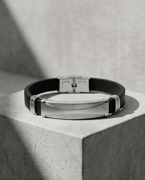 Herren Kunstleder-Armband Schwarz mit Edelstahl-Inlay