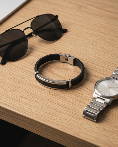 Herren Kunstleder-Armband Schwarz mit Carbon-Optik
