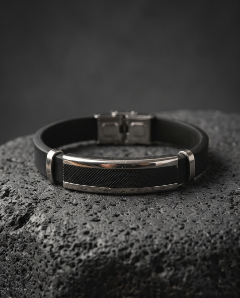 Herren Kunstleder-Armband Schwarz mit Carbon-Optik