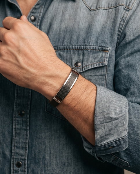 Herren Kunstleder-Armband Braun mit Carbon-Optik Inlay