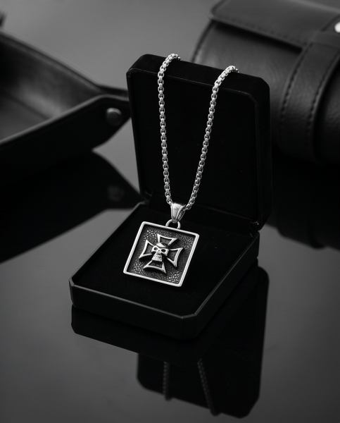 Edelstahl Kette Eisernes Kreuz mit Totenkopf