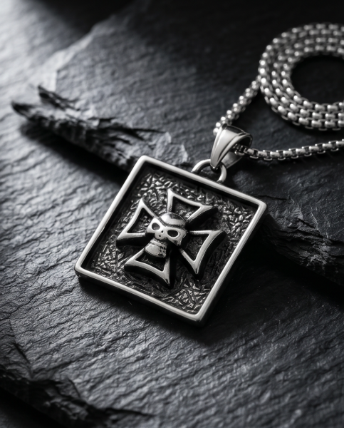 Edelstahl Kette Eisernes Kreuz mit Totenkopf