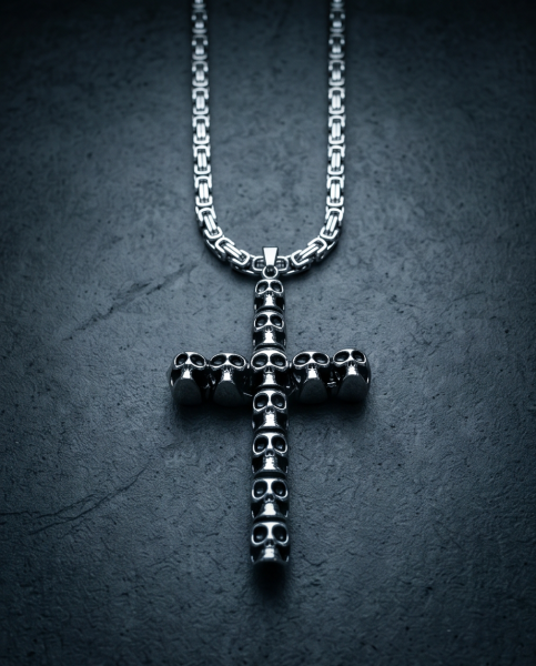 Edelstahl Königskette mit Totenkopf Kreuz Anhänger