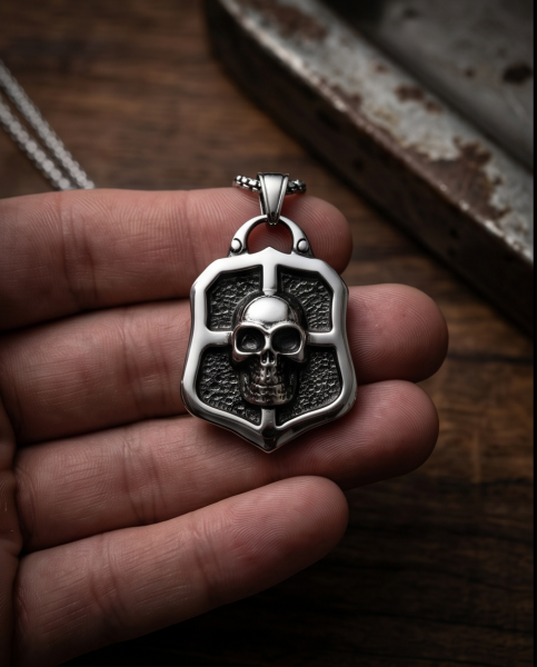 Edelstahl Totenkopf Wappen Anhänger