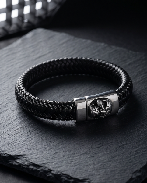 Herren Leder-Armband "Skull" geflochten mit Magnetverschluss