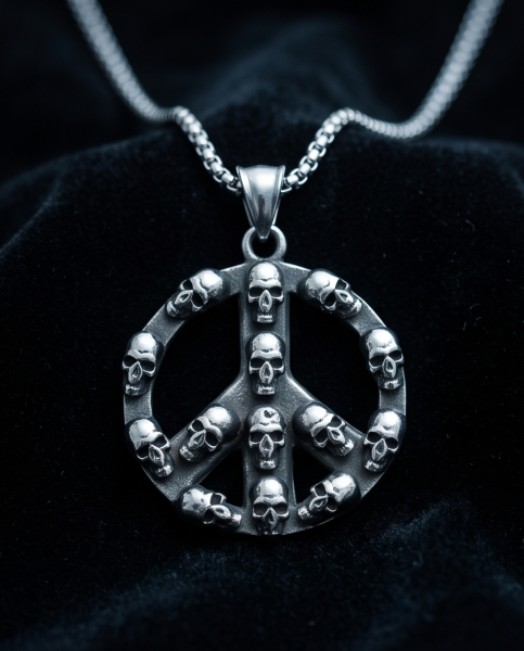 Massiver Edelstahl-Anhänger "Peace-Symbol" aus Totenköpfen